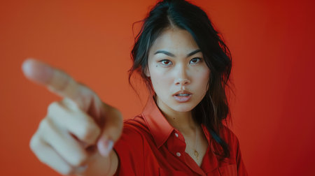 Portrait of an Asian woman pointing with a single-color backdrop, capturing modern concepts and beauty.の素材