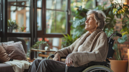 Elderly woman sitting in a wheelchair indoors, representing care and volunteer support in a disability nursing home.の素材