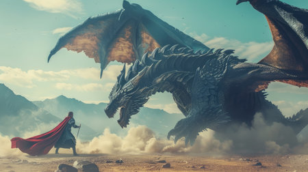 Hero battling a dragon in a fantastical world, depicting adventure and epic struggle.の素材