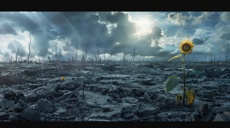Lone sunflower amidst the damage of war, symbolizing hope in a desolate battlefieldの素材
