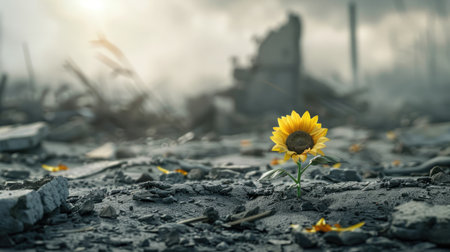 Lone sunflower amidst the damage of war, symbolizing hope in a desolate battlefieldの素材