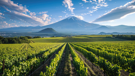 Expansive Kyoho vineyard with Mount Fuji in the background, highlighting agricultural beautyの素材