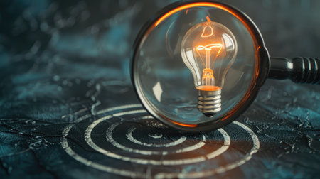 Magnifying glass focusing on a target with a creative light bulb, symbolizing innovative solutions and strategic goals.の素材