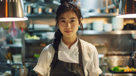 Restaurant scene with a young Asian woman chef, showcasing her culinary skills and dedication.の素材