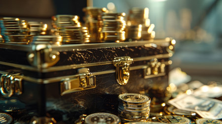 Scene of a briefcase with stacks of gold coins and cash pouring out, highlighting wealthの素材