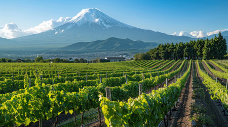 Expansive Kyoho vineyard with Mount Fuji in the background, highlighting agricultural beautyの素材