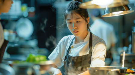 Restaurant scene with a young Asian woman chef, showcasing her culinary skills and dedication.の素材