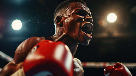 In the ring, a boxer screams after the fight, showcasing determination and intensityの素材