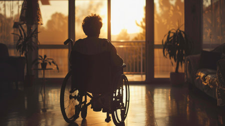 Senior woman in a wheelchair inside a nursing home, highlighting care and volunteer assistance.の素材
