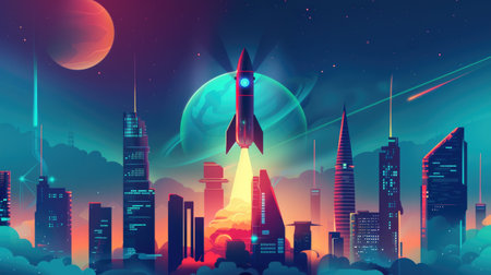 Rocket launch for a startup business, set against a modern city backdrop, representing creativity and new beginnings.の素材