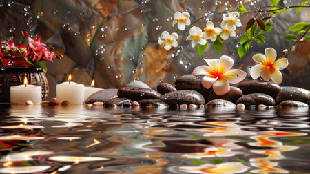 Spa wellness banner with stones, water, candles, and flowers, capturing the essence of luxurious relaxation.の素材