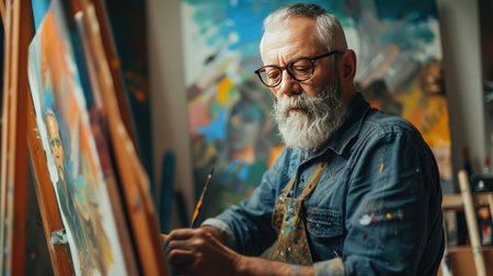 Focused portrait of a mature artist creating artwork in his workspaceの素材