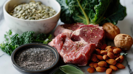 Ingredients for a keto-friendly diet: nuts, seeds, lean meats, and leafy greens, in a close-up shot.の素材