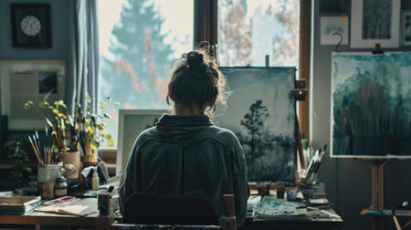 Woman artist painting from behind, immersed in her artwork at a cozy workspace.の素材