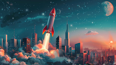 Startup business rocket launch in a creative cityscape, capturing the spirit of innovation and modern entrepreneurship.の素材