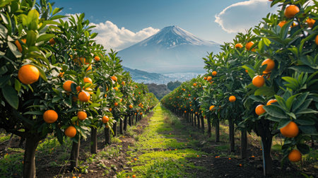 Vibrant orange grove with Mount Fuji towering in the distance.の素材