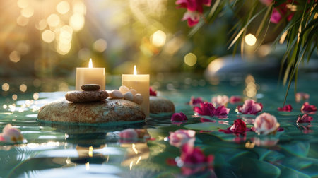 Tranquil spa scene with stones, water, candles, and flowers, highlighting wellness and relaxation.の素材