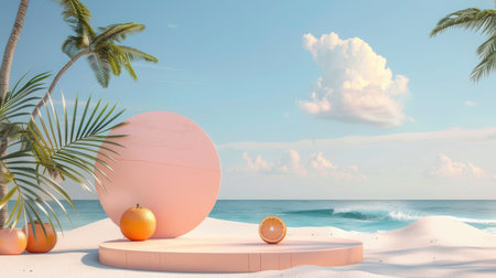 3D rendered summer beach setting with a podium and minimal summer elements.の素材