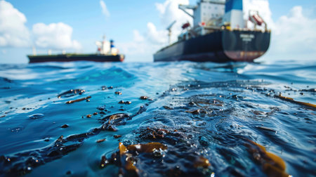 Maritime oil spill causing ocean pollution, with a focus on the environmental impact and hazardous chemicals from the ship leakageの素材