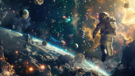 Surreal cosmic landscape with an astronaut floating, planets, asteroids, and celestial phenomena all aroundの素材