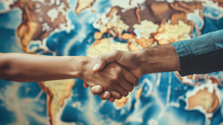 Symbolic handshake between diverse individuals, with a world map backdrop highlighting global business.の素材