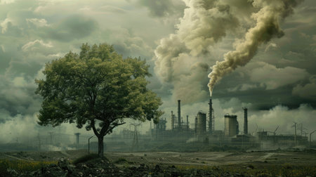 Tree in the foreground with a polluting factory behind, emphasizing environmental concernsの素材