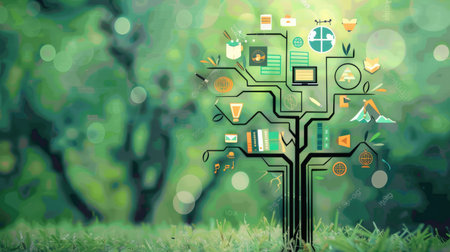 Tree of knowledge with abstract branches, illustrating various fields of expertise and education.の素材