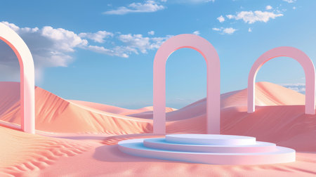 3D render of an abstract surreal pastel landscape with arches and podium for product display, colorful dune scene, blue sky, and clouds.の素材