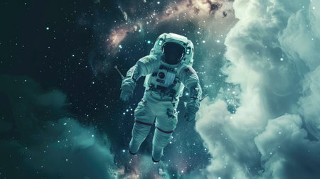 Weightless astronaut in space, amidst shimmering stardust and cosmic clouds, symbolizing explorationの素材