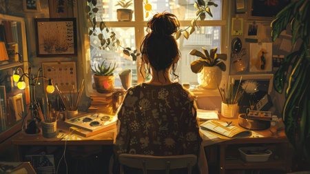 Woman artist painting from behind, immersed in her artwork at a cozy workspace.の素材
