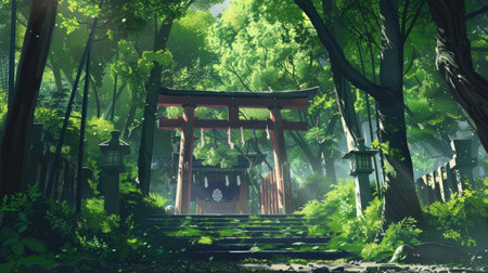 Anime-inspired scene with a Torii gate and shrine amidst lush greeneryの素材