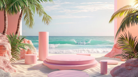 3D rendered summer beach holiday scene with podiums and adorable elements for showcasing products.の素材