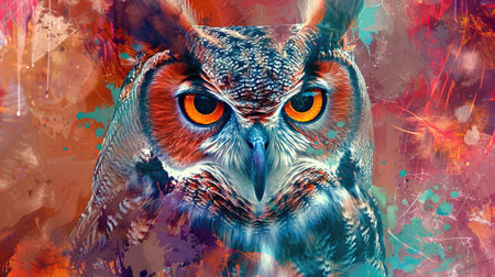 Abstract owl portrait featuring colorful double exposure paint, blending vibrant hues for a unique and artistic visual representationの素材