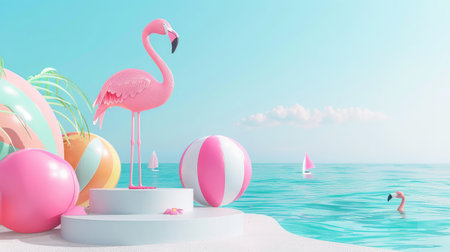 3D render of podium displays on a summer sea ocean background with pink flamingo and beach ball.の素材