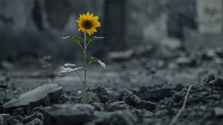 War's destruction with a lone sunflower, highlighting hope and survival.の素材