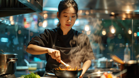 Young Asian woman chef cooking in a restaurant kitchen, illustrating culinary skills and expertise.の素材