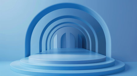 3D render of an empty blue podium, minimal design for product display, abstract geometric studio setting.の素材
