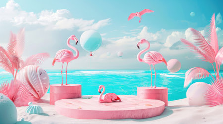 3D render of summer sea background with podiums, featuring flamingos and beach elements.の素材