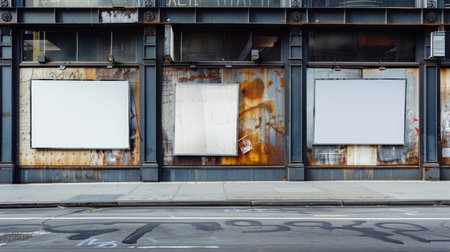 Blank store signs in empty storefronts, attached to billboard walls in a busy city center streetの素材