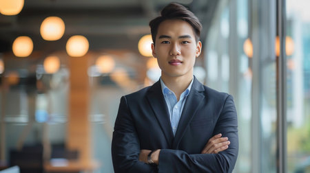 Young Asian businessman in formal wear, showcasing confidence and success in a corporate office.の素材