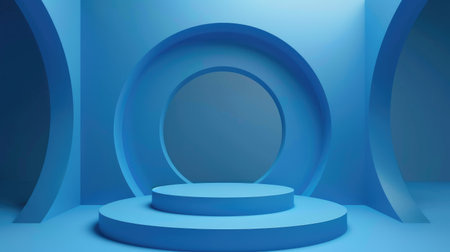 Blue color podium platform, 3D render for product showcasing, minimal and abstract geometric background.の素材