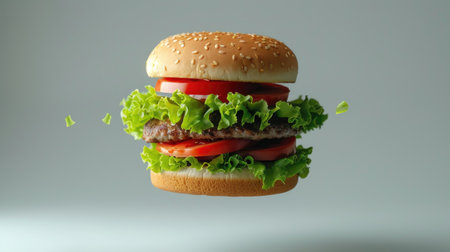 Floating hamburger, isolated background, showcasing delicious fast food and the concept of junk food deliveryの素材