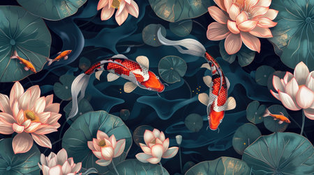 Elegant Japanese style background featuring koi fish and lotus flowersの素材