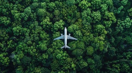Aerial perspective of an airplane above a vibrant green rain forest, showcasing a healthy environment and nature's landscape.の素材