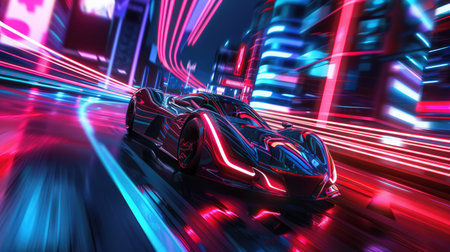 Futuristic car with high acceleration, racing through a neon-lit cyber city, showcasing glowing light trails and a vivid night backgroundの素材