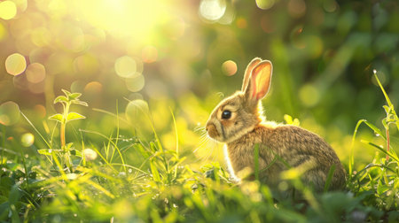 Cute fluffy little rabbit on a meadow grass field in the morning, happy bunny running in green garden with sunlight background, symbol of Easter festival day.の素材
