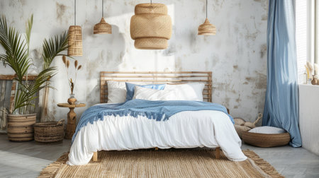 Cozy coastal bedroom interior with home decoration mock-up, minimalist design, and comfortable bed.の素材