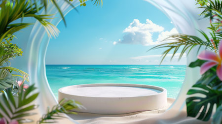 Abstract summer vacation product display in 3D render, featuring a realistic podium against a blue ocean background with tropical elementsの素材