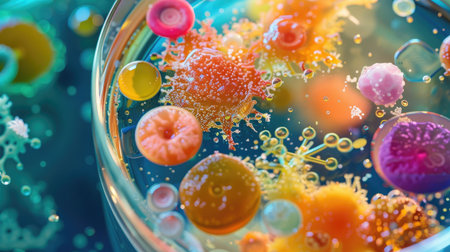 Laboratory petri dish with colorful microorganisms, including bacteria, protozoa, algae, and fungi, macro zoom view.の素材