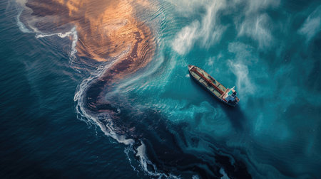 Maritime oil spill causing ocean pollution, with a focus on the environmental impact and hazardous chemicals from the ship leakageの素材